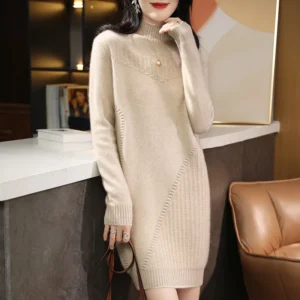 Autumn Winter New Cashmere Dress 100% Wool Knitted Pullover Women’s Clothing Half High Neck Tops Solid Color Long Sweater