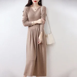 Women Dress Longer 100% Wool Knitted Jumpers 2023 New Fashion Winter V-neck Dresses Female Mid-calf  Cashmere Pullovers