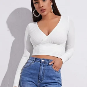 Women Casual Solid Long Sleeve Crop T-shirt Fashion V-Collar Bare Midriff Stretch Tops Ribbed Knitted Elastic Slim Skinny Tees