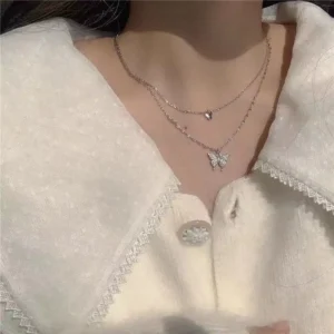 Elegant Necklace For Women Butterfly Necklace Shiny Double Clavicle Chain Pendant Anniversary Gift Jewelry Collares