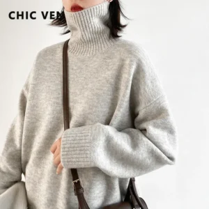 CHIC VEN Korean Women’s Sweater Loose Turtleneck Sweaters Warm Solid Pullover Knitwear Basic Female Tops Autumn Winter 2022