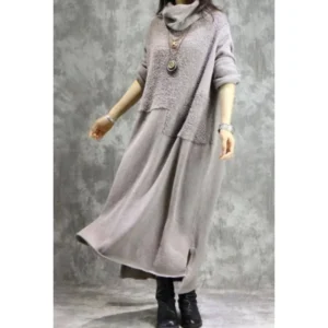 2024 Spring Women’s Winter Dress Fleece Gray Long Sleeve Oversize Long Dresses Female Warm Sweatshirt Dresses Clothing Ladies