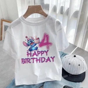 Stitch T-shirt 2024 Children Birthday Number 123456789 10 11 12 13 14 Kids Tee Top Summer Casual Clothes Boutique Boy Girl Gifts