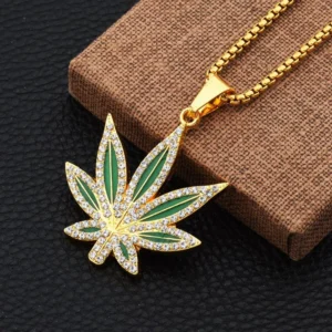 Rhinestone Weed Pendant Necklace Men Maple Leaf Necklaces Gold Color Chains for Boys Male Steampunk Jewelry