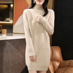 Autumn Winter New Cashmere Dress 100% Wool Knitted Pullover Women’s Clothing Half High Neck Tops Solid Color Long Sweater