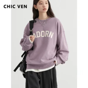 CHIC VEN Women Sweatshirts Loose Round Neck Letter Printed Long Sleeved Female Coat Casual Pullover Woman Top Autumn 2024