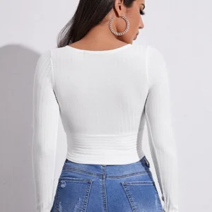 Women Casual Solid Long Sleeve Crop T-shirt Fashion V-Collar Bare Midriff Stretch Tops Ribbed Knitted Elastic Slim Skinny Tees