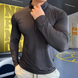 Mens Fitness Trainer Training Tshirts Tops Gym Workout Compression Sweatshirt for Running Football Jersey High Collar Sportswear