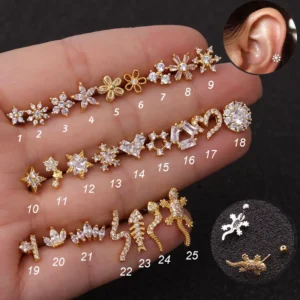 1Pc 20g Helix Piercing Jewelry Conch Rook Lobe Tragus Stud New Rose Gold Color Plants And Animals Cz Cartilage Earring