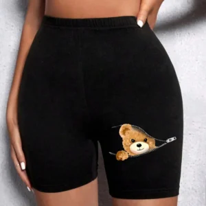 Fashion Women Leggings Short Teddy Bear Appears Funny Graphic Printing Sports Shorts  High Elastic Soft Thin Female Streetwear