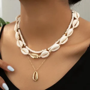 New Bohemian Shell Chain Clavicle Necklace Fashion Gold Color Rice Beads Multi layered Necklace Summer Sexy Beach Jewelry Gifts