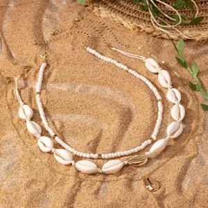 New Bohemian Shell Chain Clavicle Necklace Fashion Gold Color Rice Beads Multi layered Necklace Summer Sexy Beach Jewelry Gifts